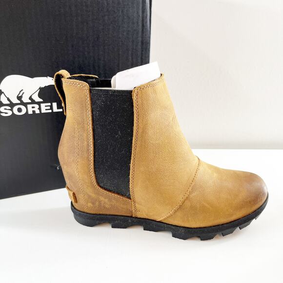 Sorel Joan of Arctic Wedge Leather Ankle Boots Booties Tan Brown 9 - Picture 1 of 7